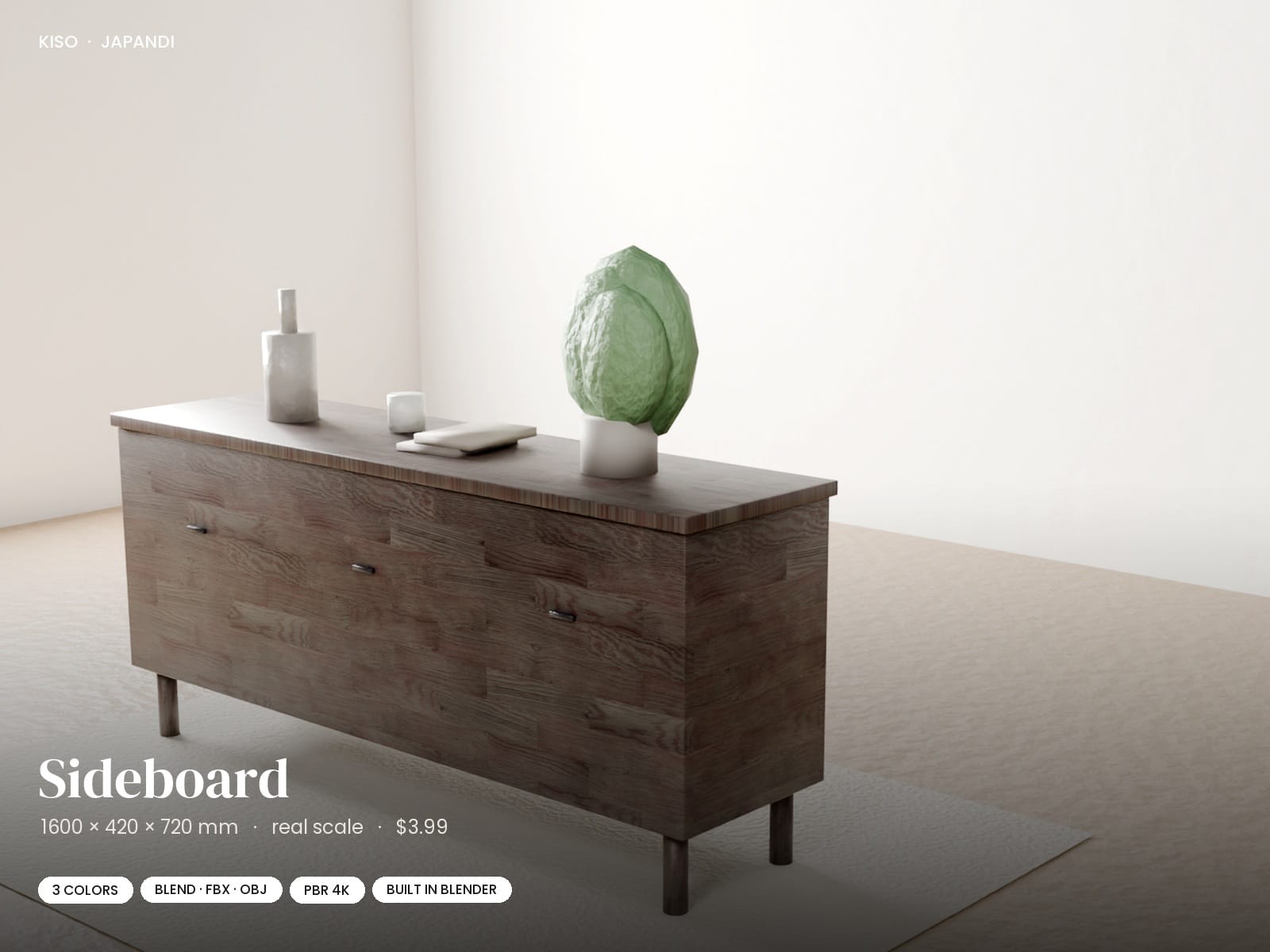 Japandi Sideboard 3D Model | Blender FBX OBJ | PBR Wood Textures | 3-Door Cabinet, 3 Variants