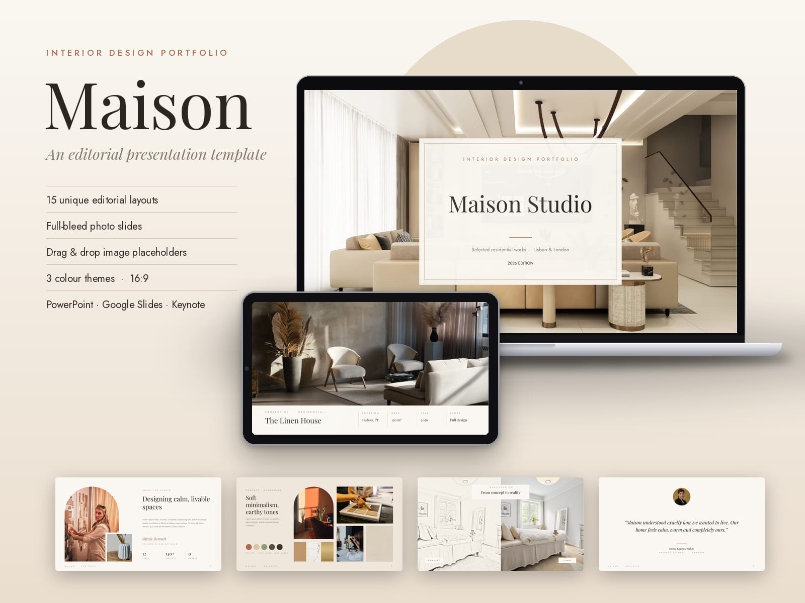 Maison: Editorial Interior Design Portfolio PowerPoint Template (15 Slides, Moodboard, Before/After,