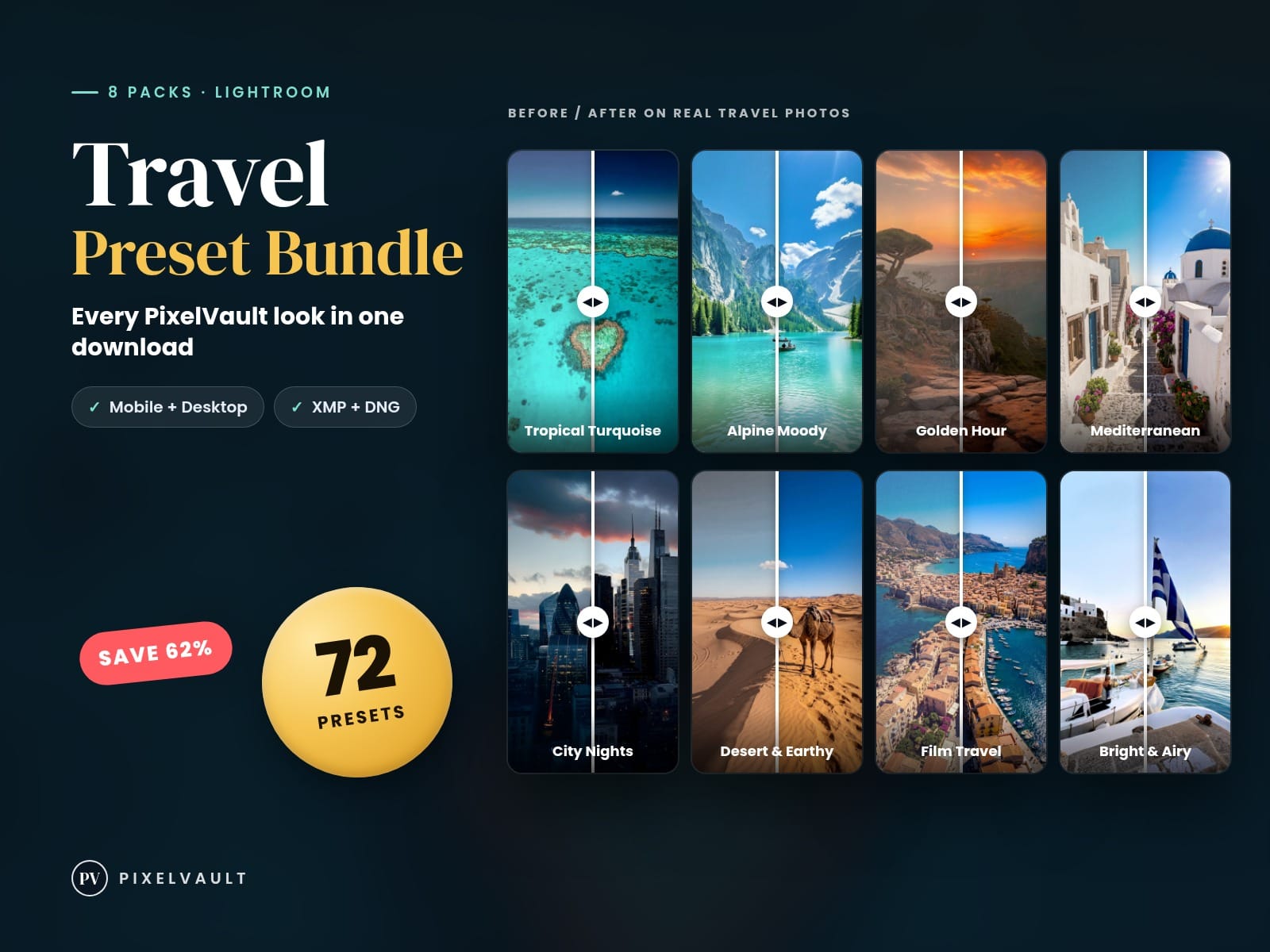 Travel Lightroom Preset Bundle – 72 Presets, 8 Packs: Tropical, Moody, Film, Gol cover (covers-v2)