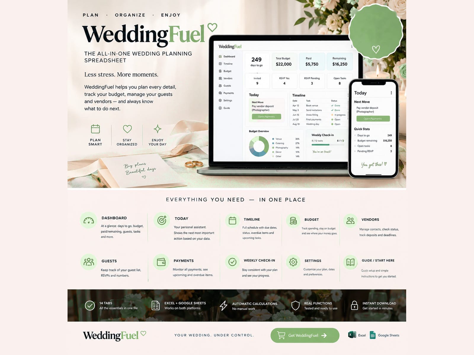 Wedding Planner Spreadsheet Sage Green - WeddingFuel Excel & Google Sheets Budget, Guest & Vendor Tr