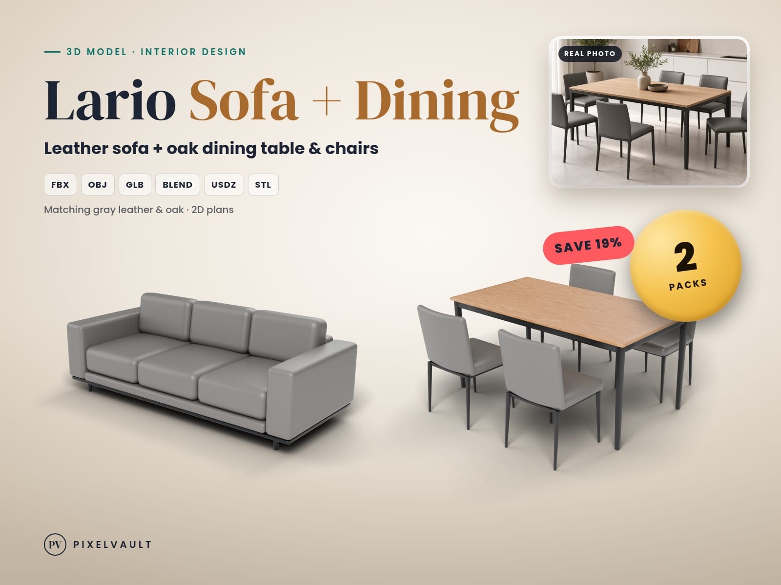Modern Furniture 3D Model Bundle: Leather Sofa + Oak Dining Table & Chairs, FBX cover (covers-v2)
