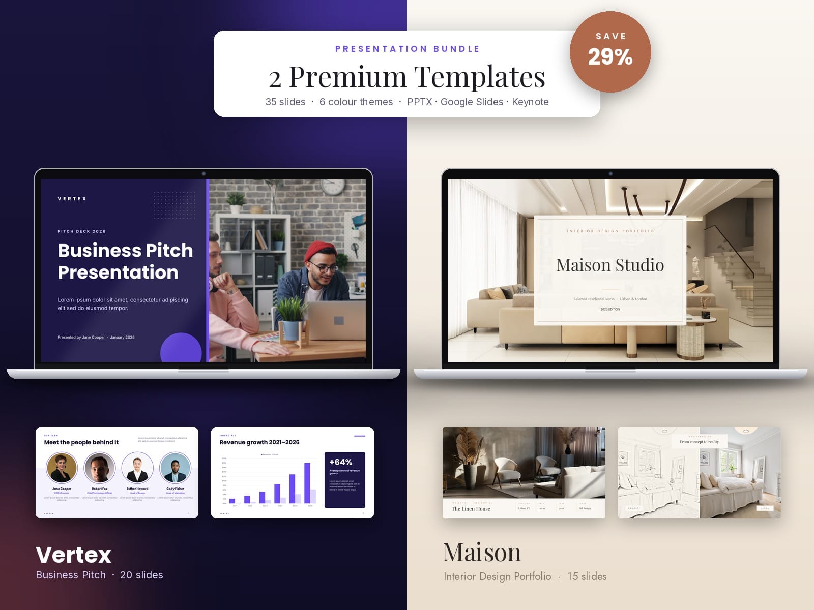 Pitch & Portfolio Presentation Bundle: 2 Premium PowerPoint Templates, 6 Color Themes (Vertex + Mais
