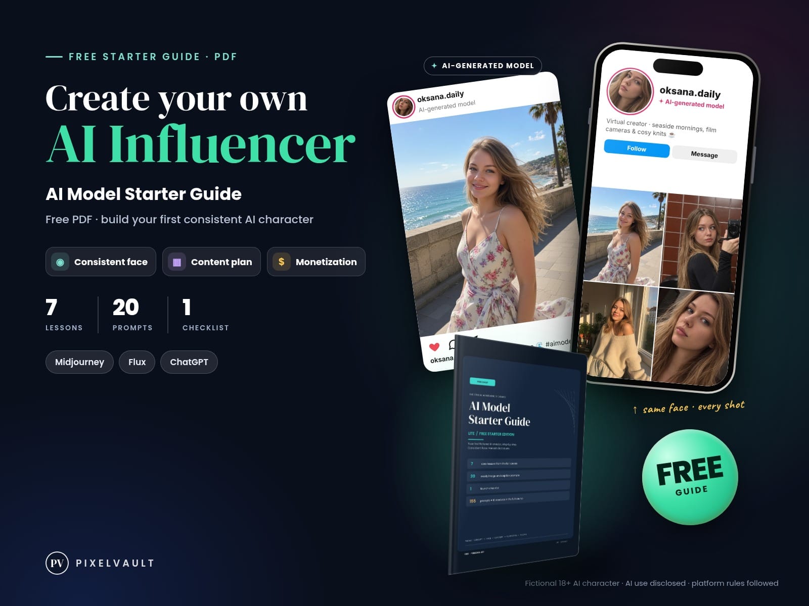 AI Model Starter Guide (Free): Create a Consistent AI Influencer, 20 Prompts cover (oksana)