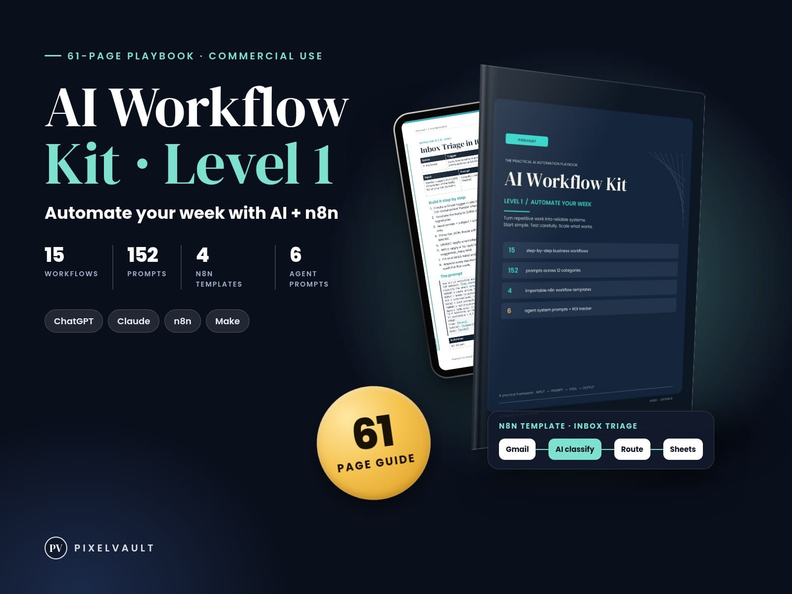 AI Workflow Kit Level 1: 15 Automations, 152 Prompts, n8n Templates cover (covers-v2)