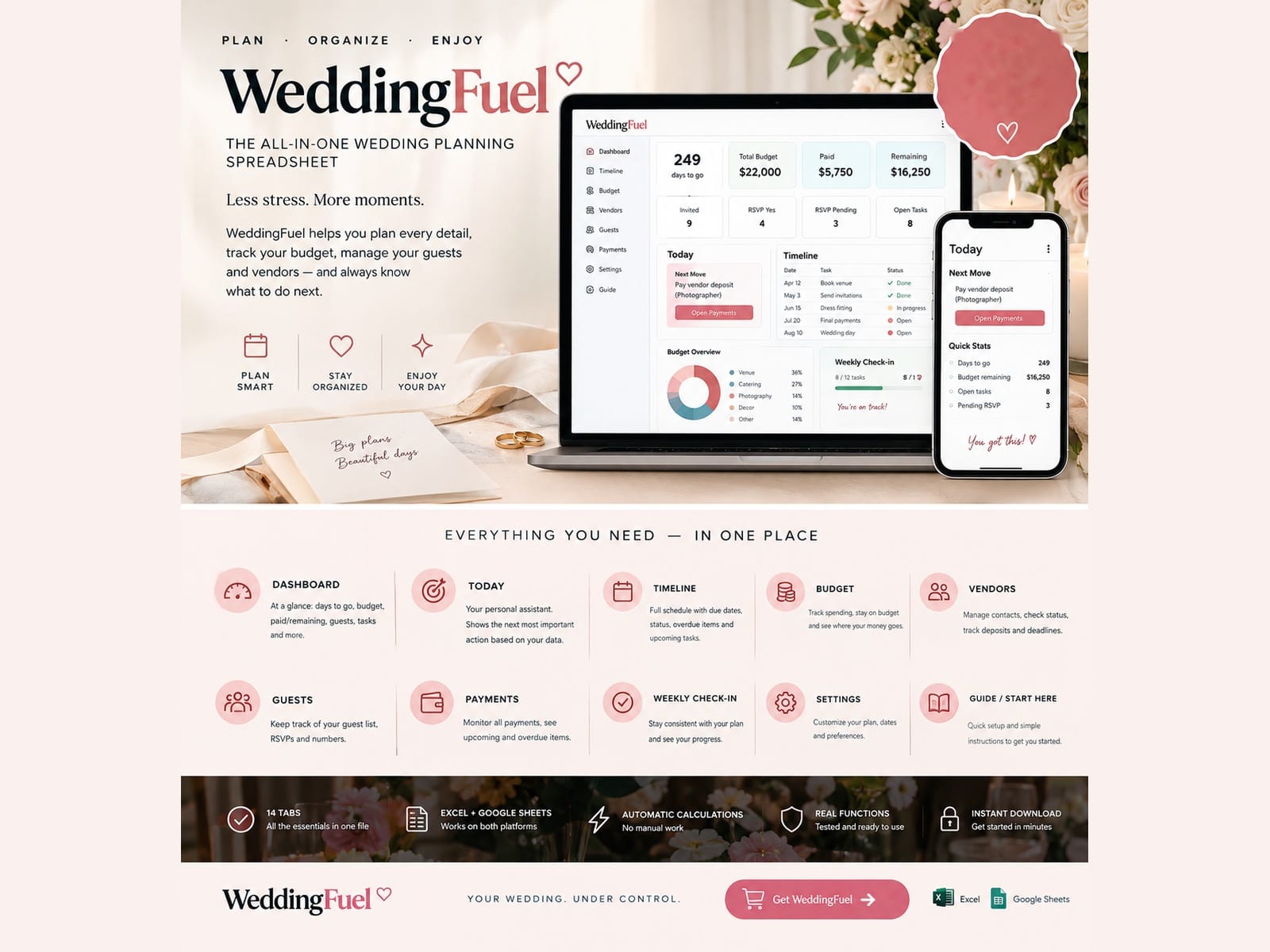 Wedding Planner Spreadsheet Bundle - WeddingFuel 3 Colors: Blush Rose, Sage Green, Black & Gold (Exc