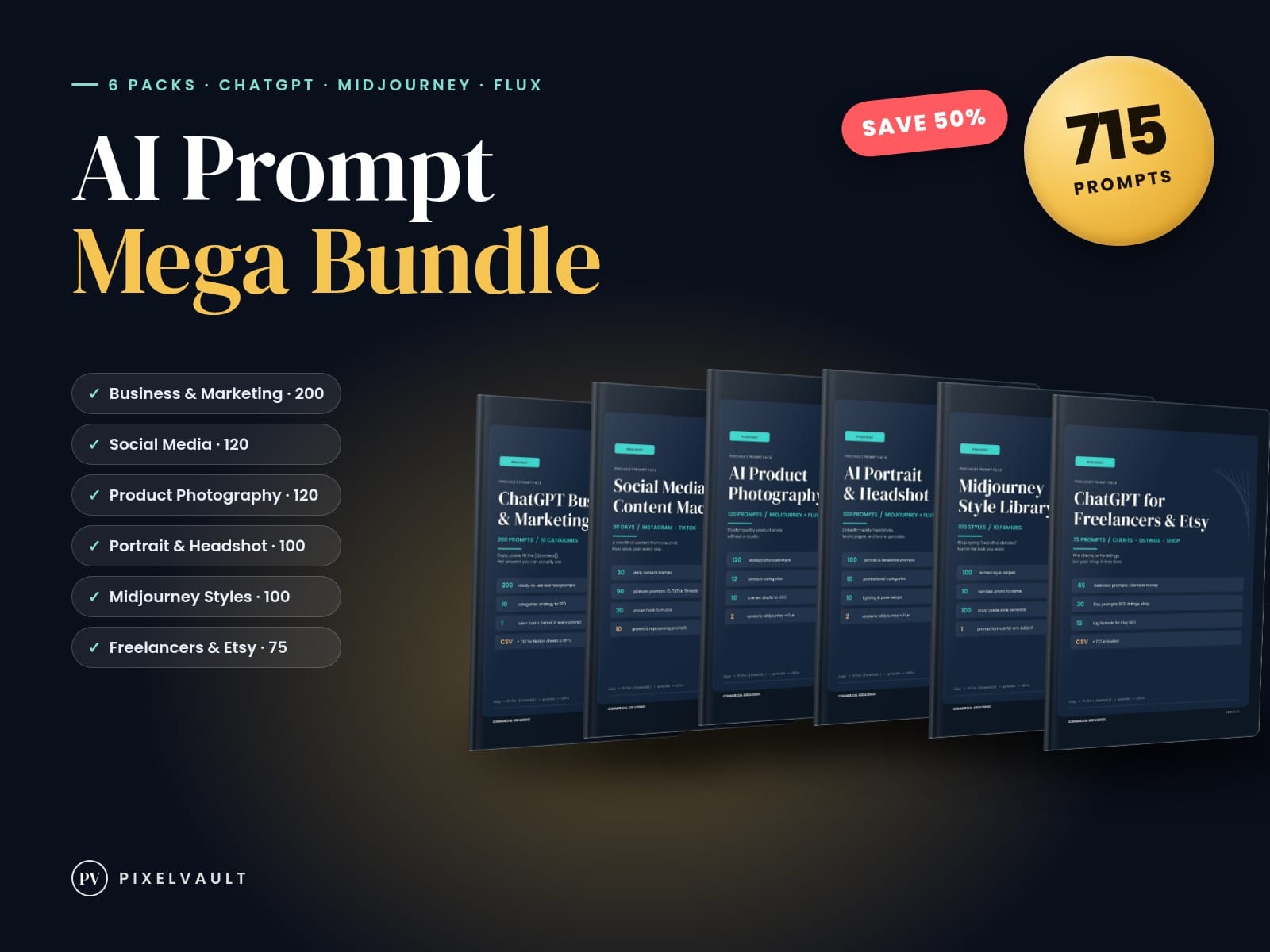 AI Prompt Mega Bundle - 6 PixelVault Prompt Packs, 715 Prompts (Business, Social cover (covers-v2)