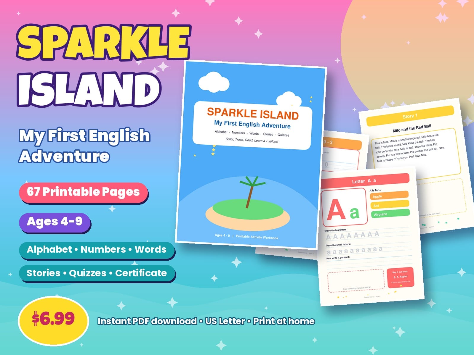 Sparkle Island: My First English Adventure – 67-Page Printable Kids English Workbook (Ages 4-9)