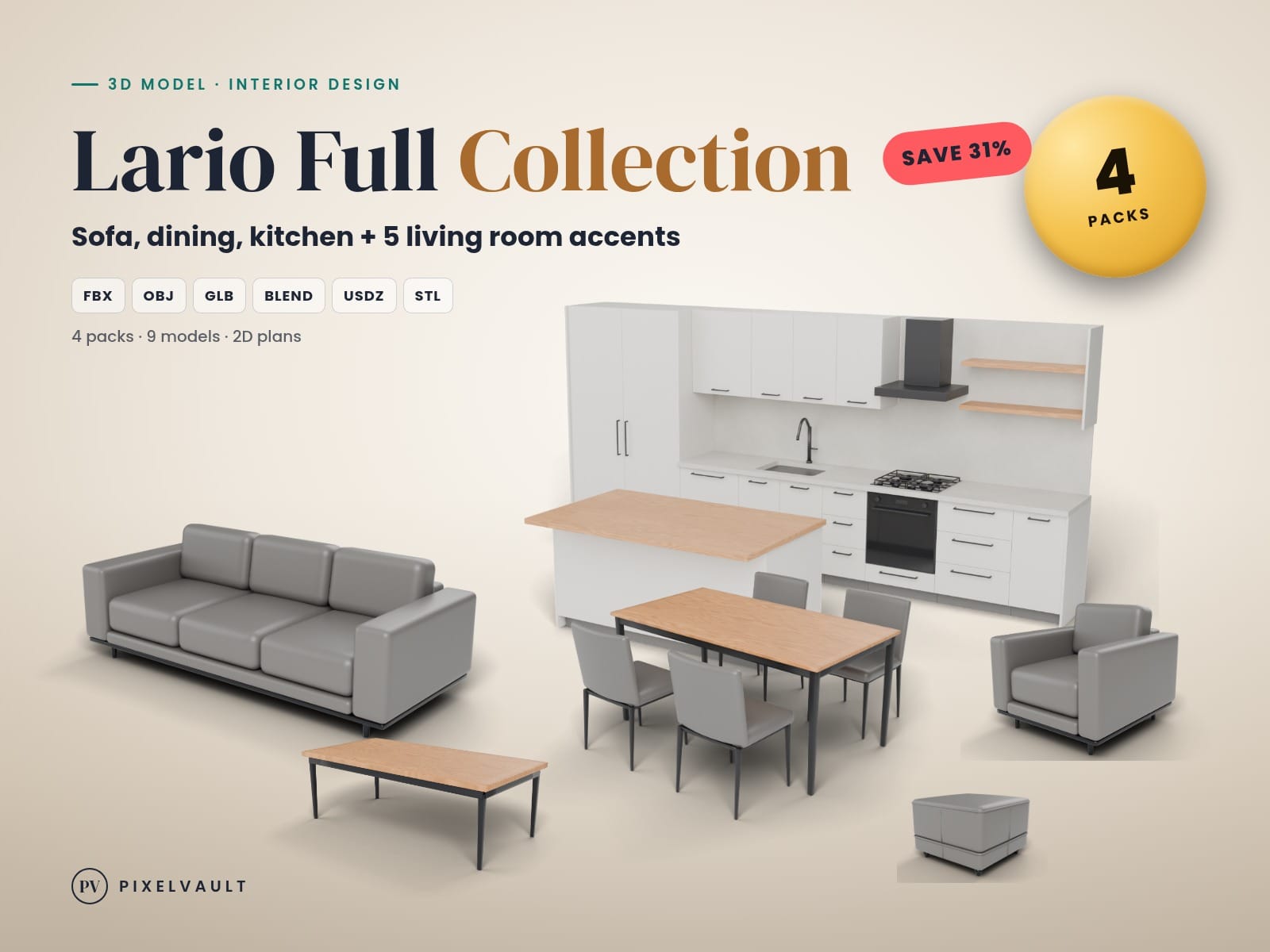 Modern Furniture 3D Model Collection: Leather Sofa, Dining Set, Kitchen, Living cover (covers-v2)
