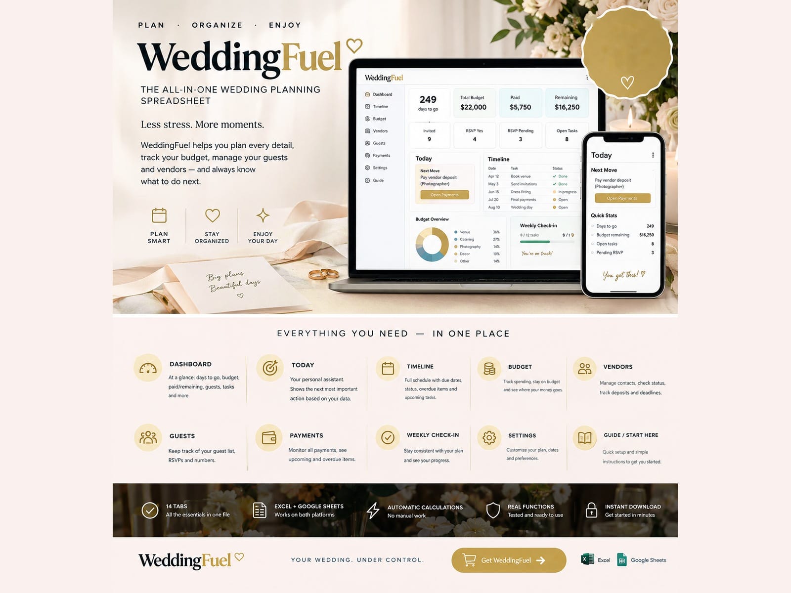 Wedding Planner Spreadsheet Black & Gold - WeddingFuel Excel & Google Sheets Budget, Guest & Vendor