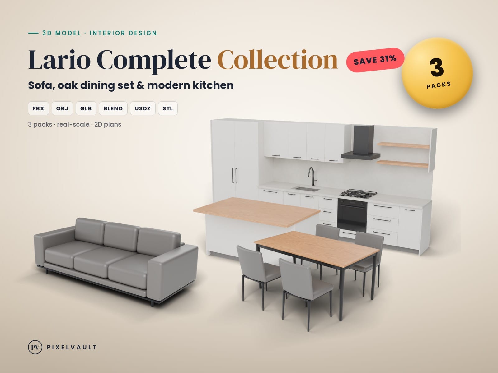Interior 3D Model Bundle: Leather Sofa, Oak Dining Set & Modern Kitchen, FBX OBJ cover (covers-v2)