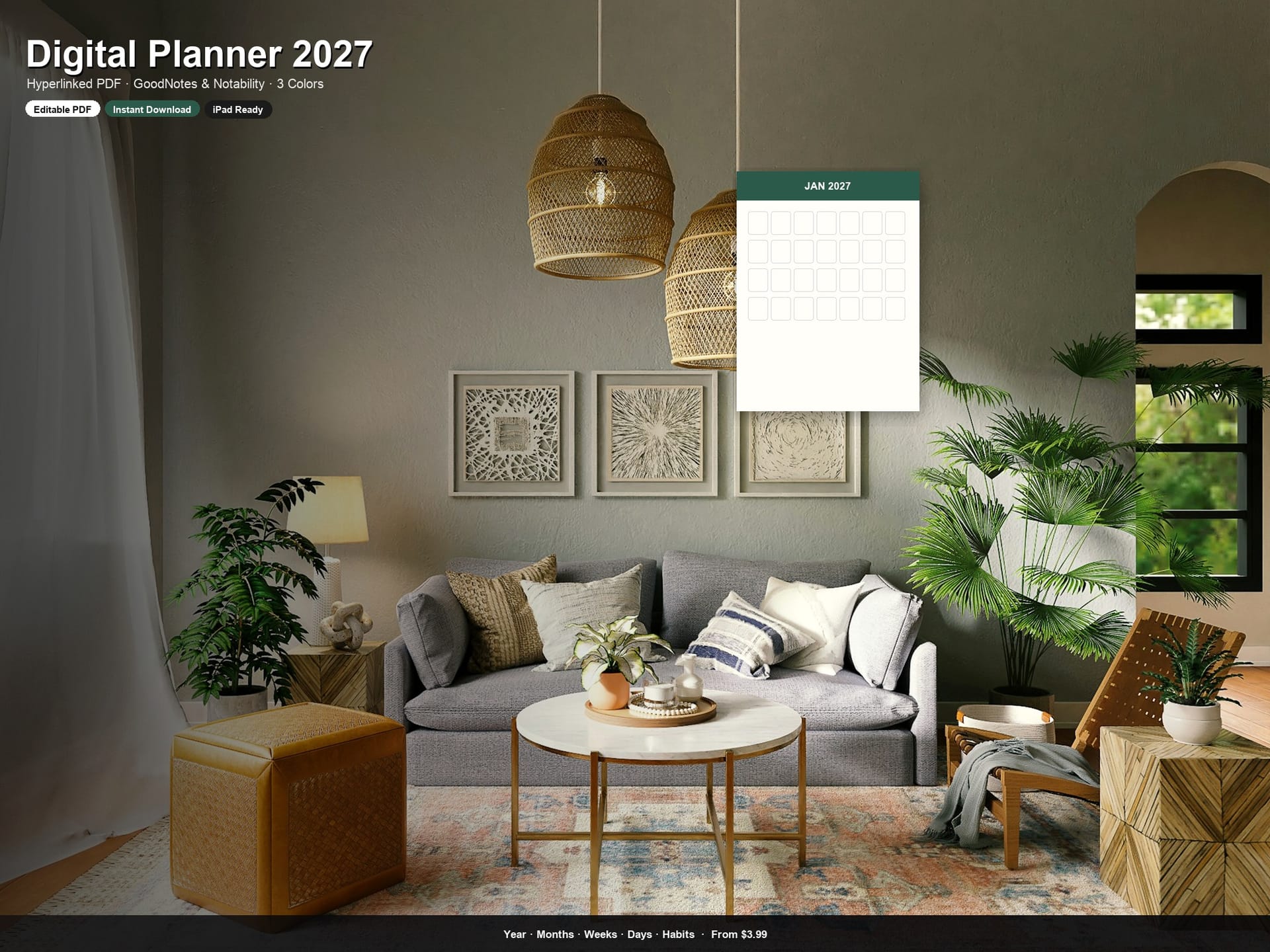 Digital Planner 2027 | Hyperlinked PDF for GoodNotes & Notability | 3 Colors