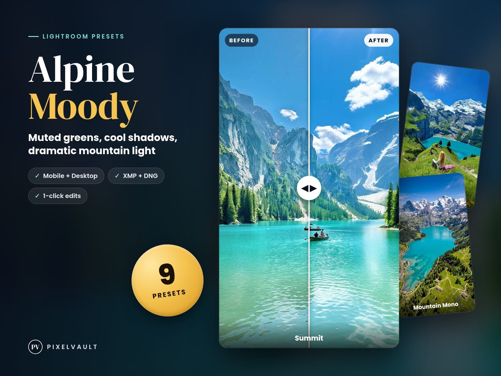 Moody Mountain Lightroom Presets – 9 Alpine Landscape Presets, Mobile & Desktop cover (covers-v2)