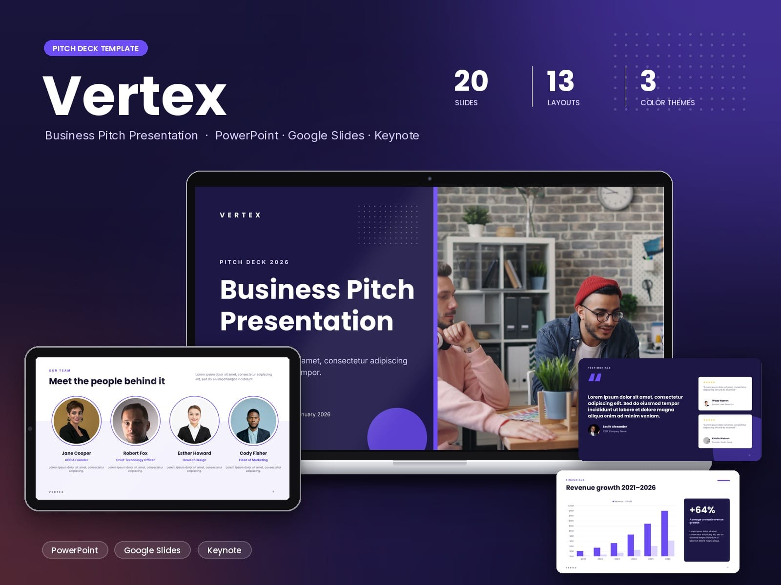 Vertex: Business Pitch Deck PowerPoint Template (20 Slides, 3 Color Themes, Google Slides & Keynote)