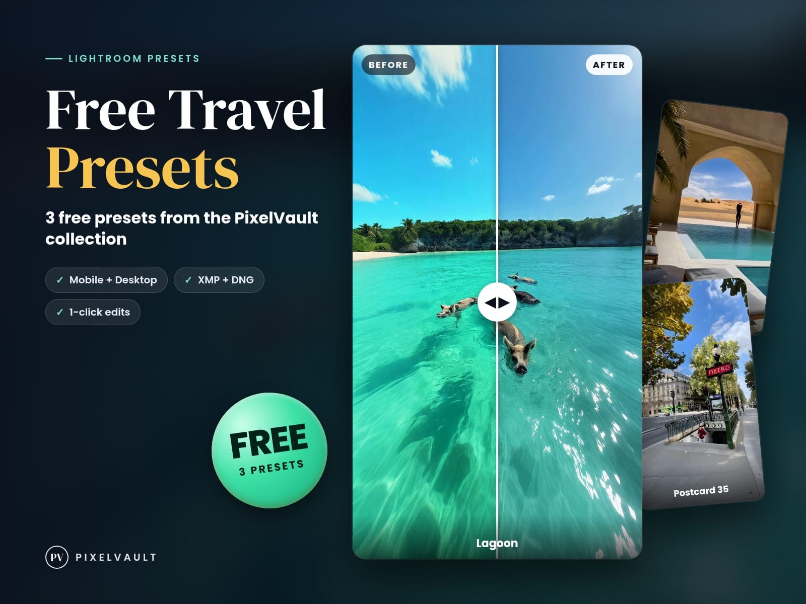 Free Lightroom Presets – 3 Travel Presets (Tropical, Golden Hour, Film) XMP + DN cover (covers-v2)