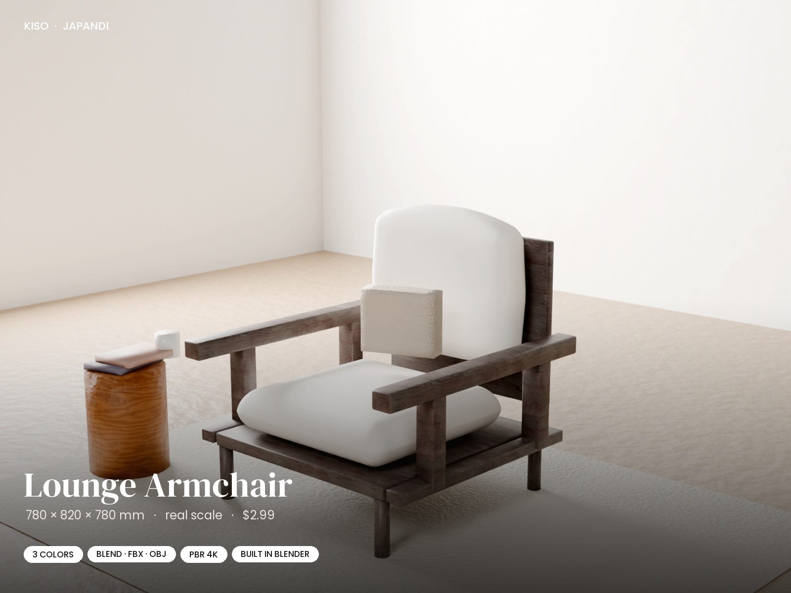 Japandi Armchair 3D Model | Blender FBX OBJ | PBR Textures | 3 Wood & Fabric Variants