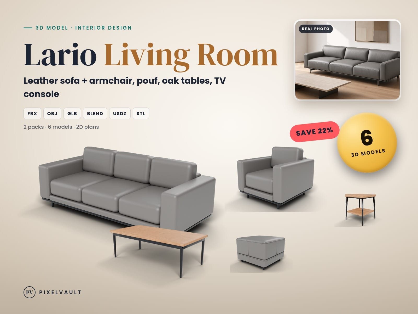 Modern Living Room 3D Model Bundle: Leather Sofa, Armchair, Pouf, Oak Tables, TV cover (covers-v2)