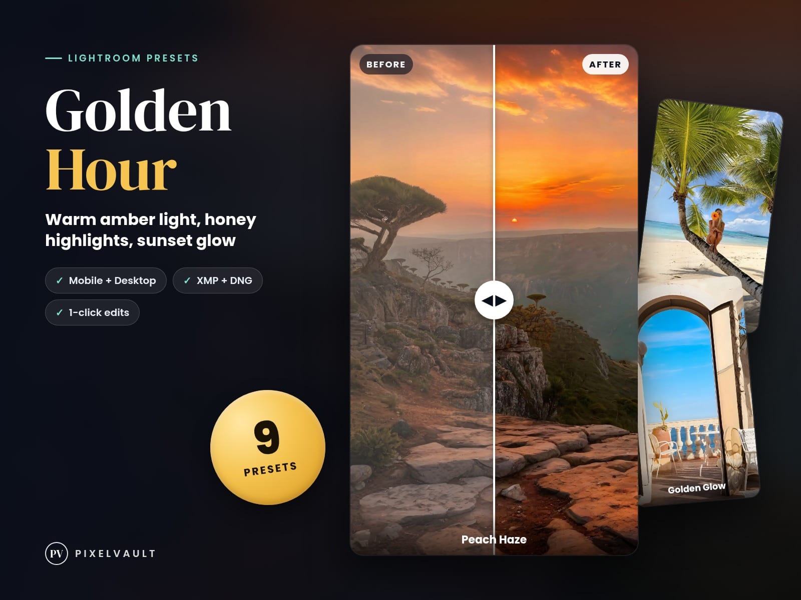 Golden Hour Lightroom Presets – 9 Warm Sunset Presets for Mobile & Desktop, XMP cover (covers-v2)