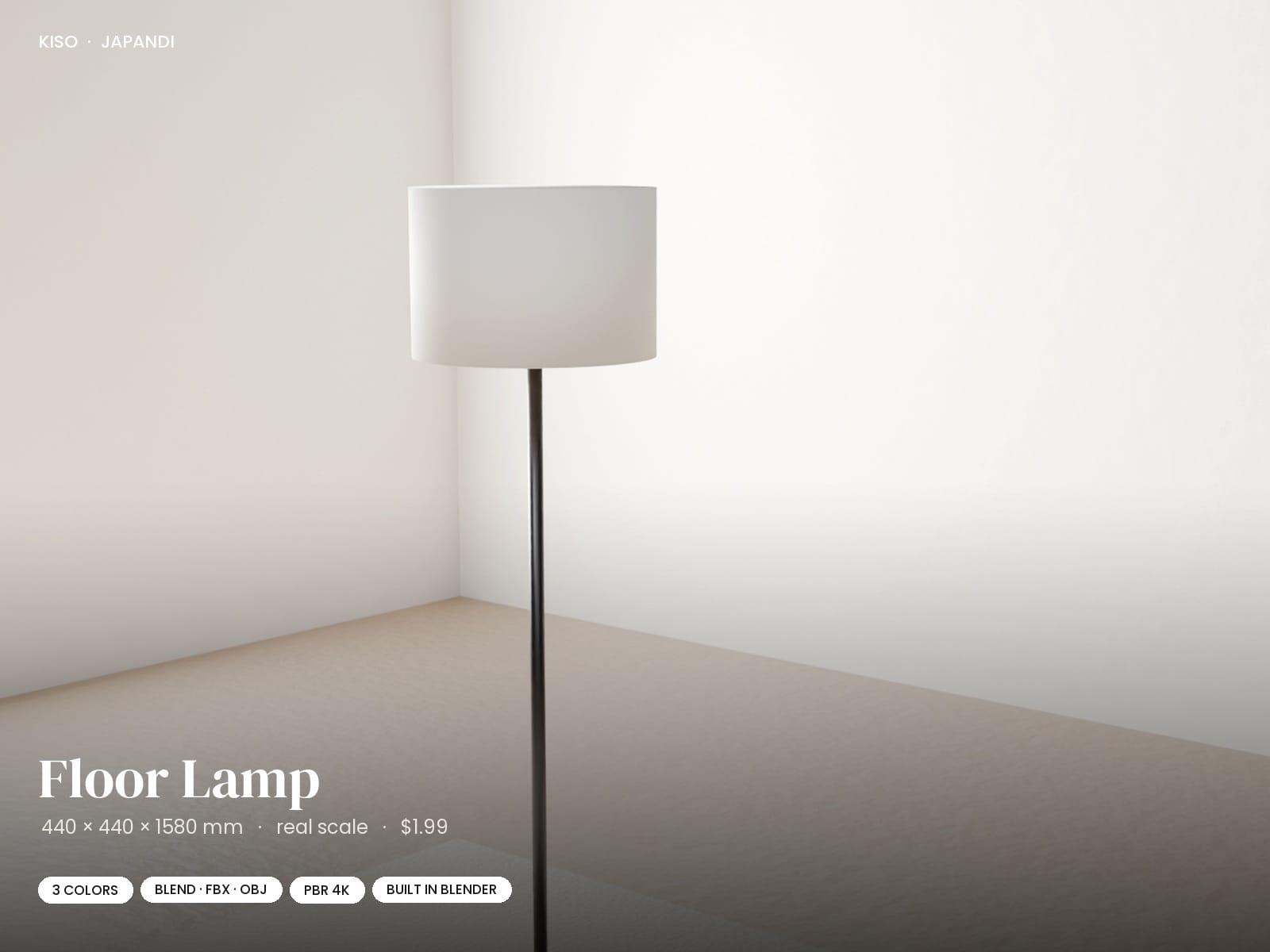 Japandi Floor Lamp 3D Model | Blender FBX OBJ | PBR Wood Textures | Paper Shade, 3 Variants