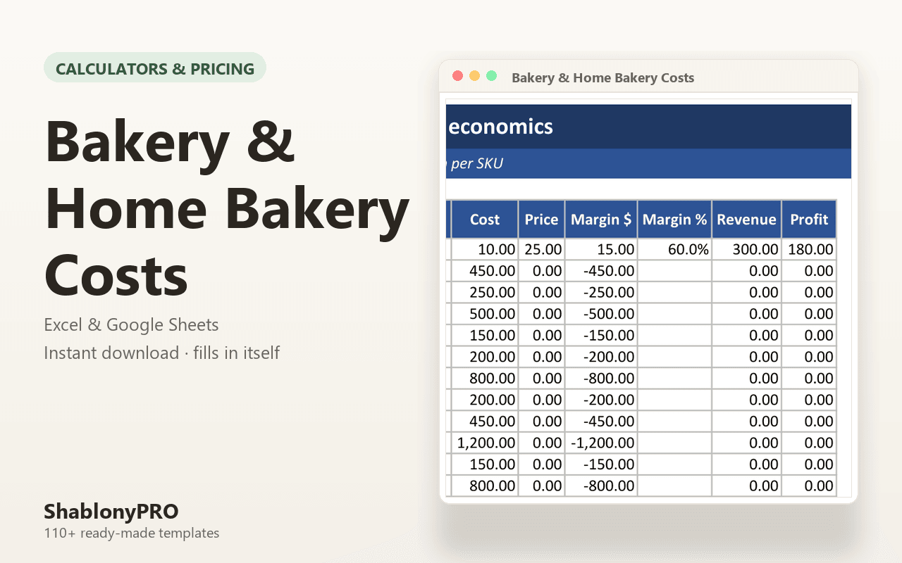 Bakery & Home Bakery Costs | Bakery Business | Excel & Google Sheets Template