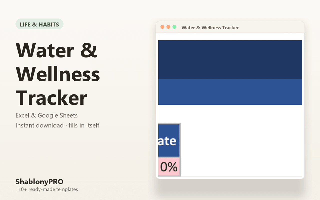 Water & Wellness Tracker | Water Tracker | Excel & Google Sheets Template