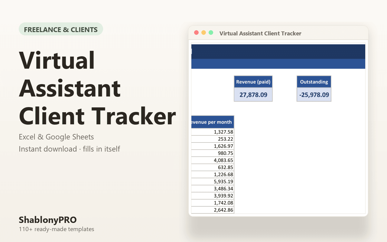 Virtual Assistant Client Tracker | Virtual Assistant | Excel & Google Sheets Tem