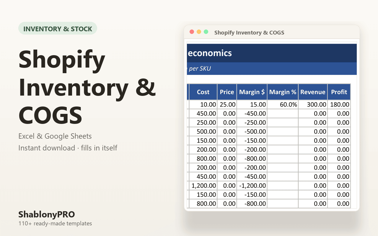 Shopify Inventory & COGS | Shopify Inventory | Excel & Google Sheets Template