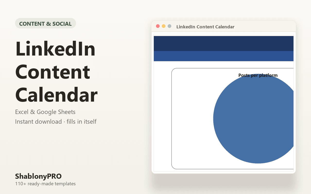 LinkedIn Content Calendar | Linkedin Calendar | Excel & Google Sheets Template