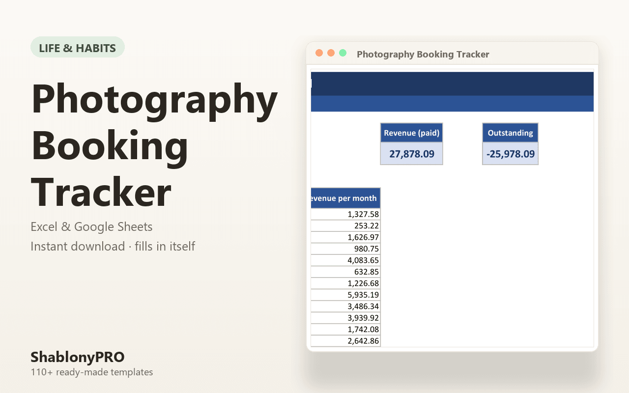 Photography Booking Tracker | Photography Booking | Excel & Google Sheets Templa