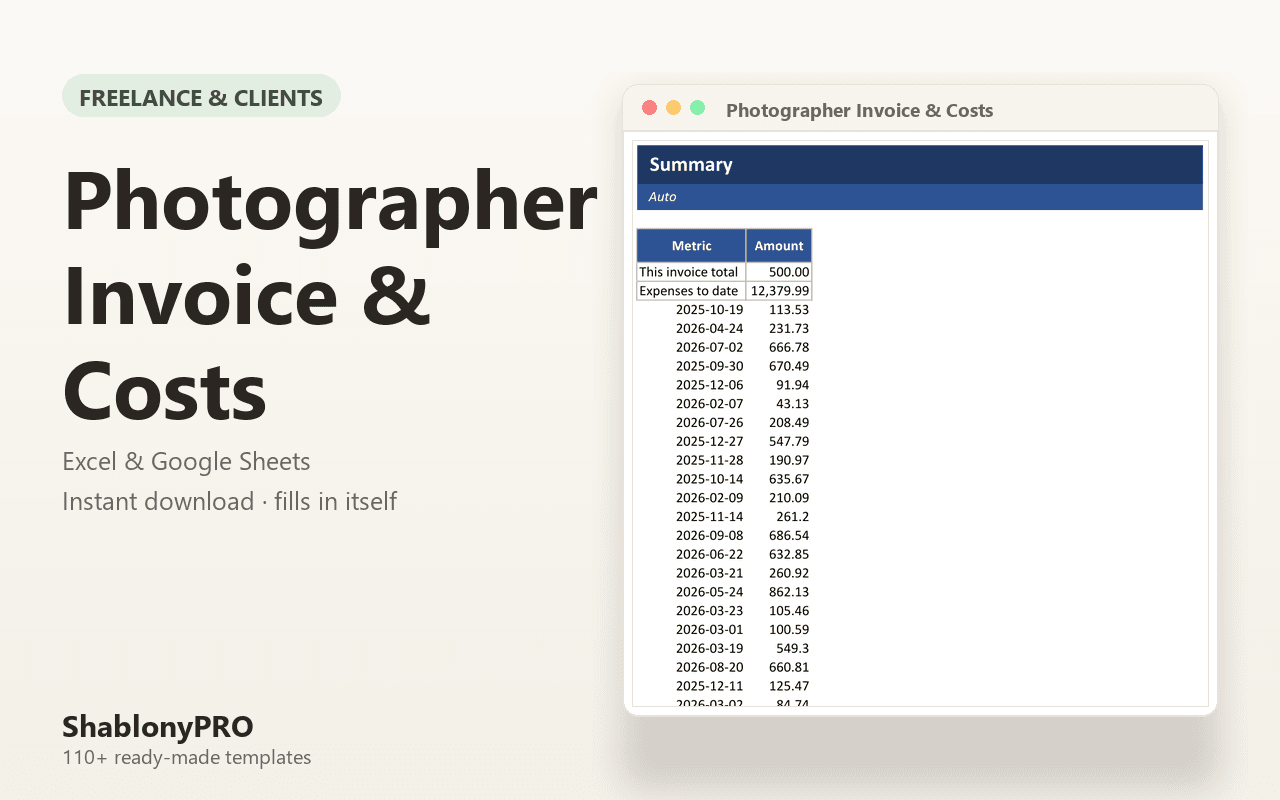 Photographer Invoice & Costs | Photographer Invoice | Excel & Google Sheets Temp