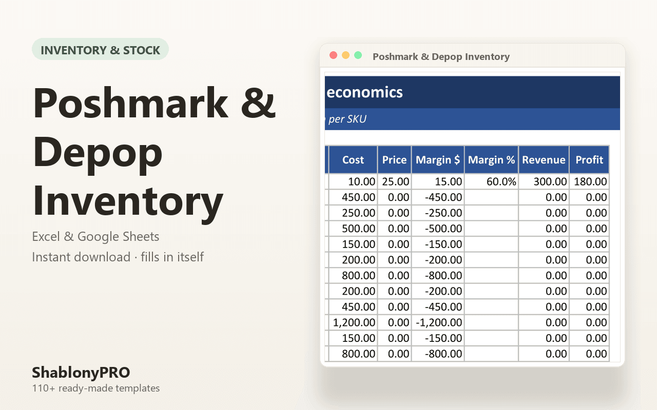 Poshmark & Depop Inventory | Poshmark | Excel & Google Sheets Template