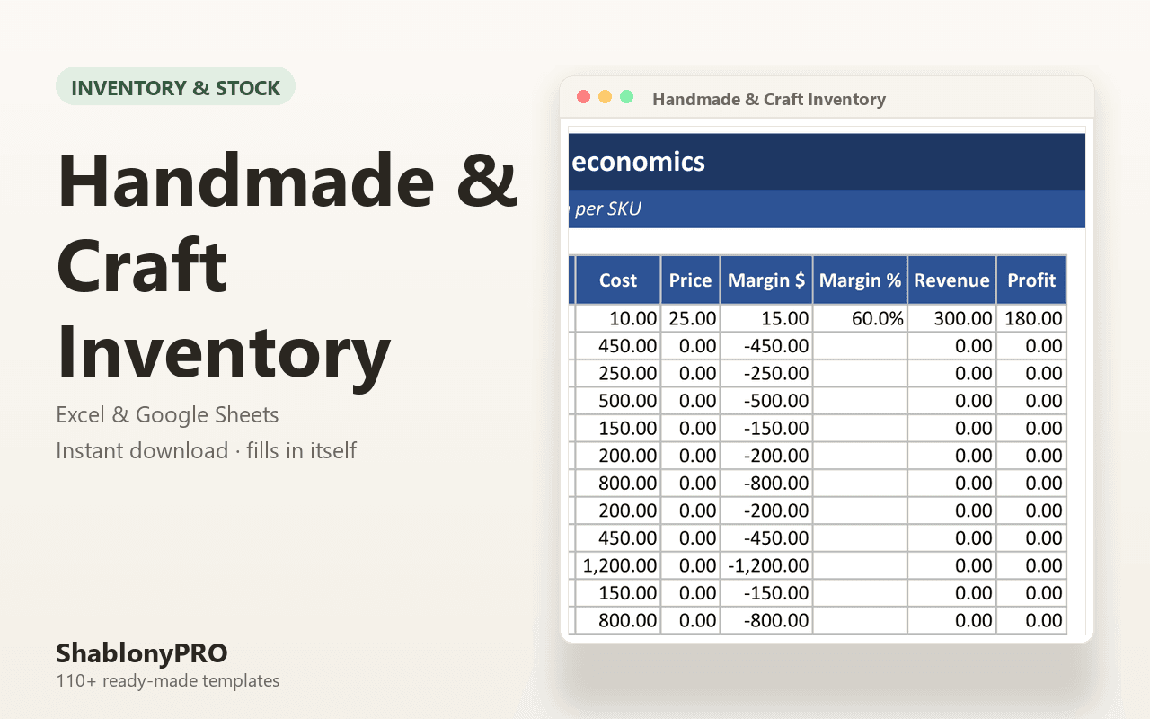 Handmade & Craft Inventory | Handmade Business | Excel & Google Sheets Template