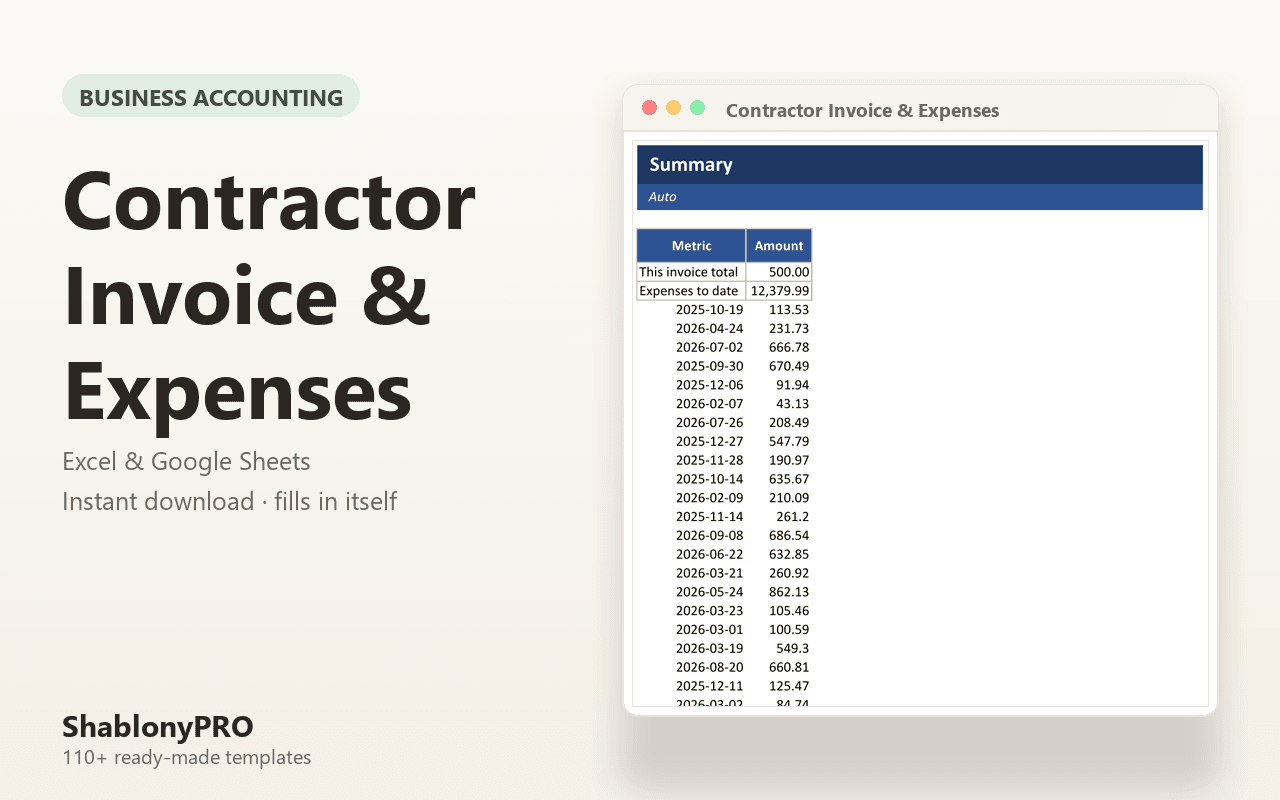 Contractor Invoice & Expenses | Contractor Invoice | Excel & Google Sheets Templ