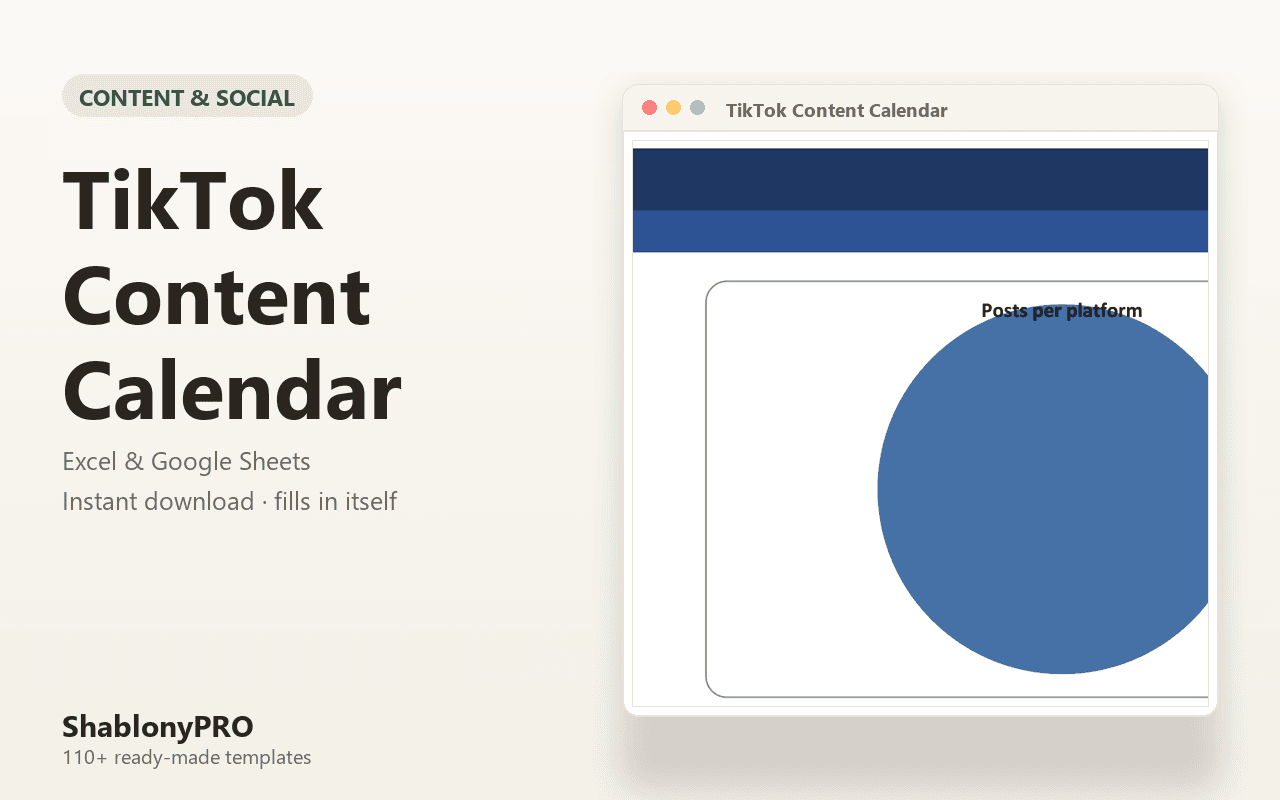TikTok Content Calendar | Tiktok Calendar | Excel & Google Sheets Template