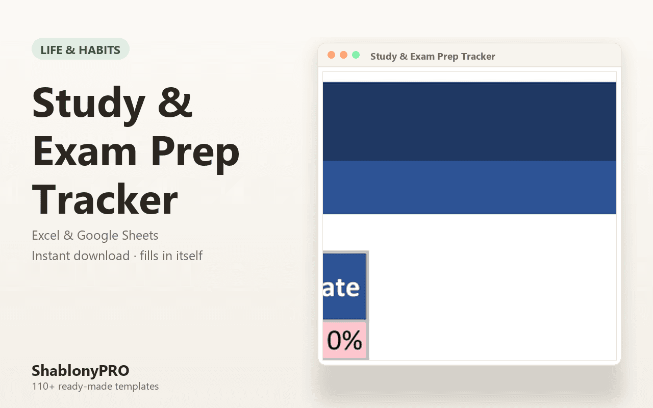 Study & Exam Prep Tracker | Study Tracker | Excel & Google Sheets Template