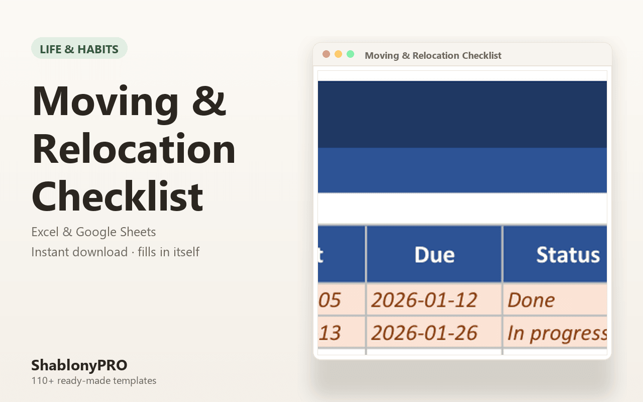 Moving & Relocation Checklist | Moving Checklist | Excel & Google Sheets Templat