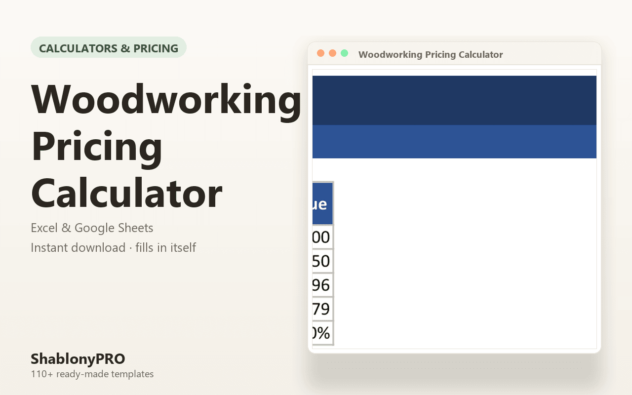 Woodworking Pricing Calculator | Woodworking Pricing | Excel & Google Sheets Tem