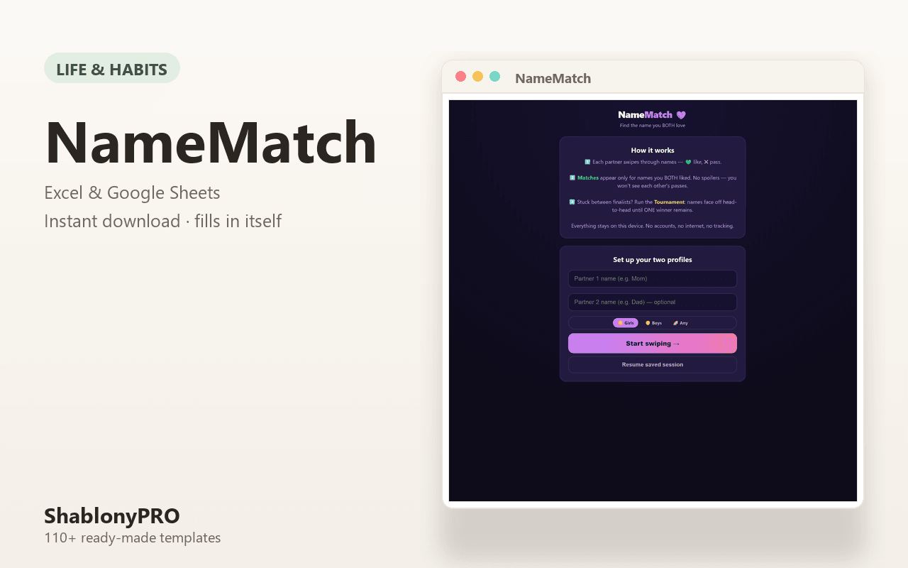 NameMatch — Baby Name Picker for Couples: Swipe, Match, Tournament (422 Names) |