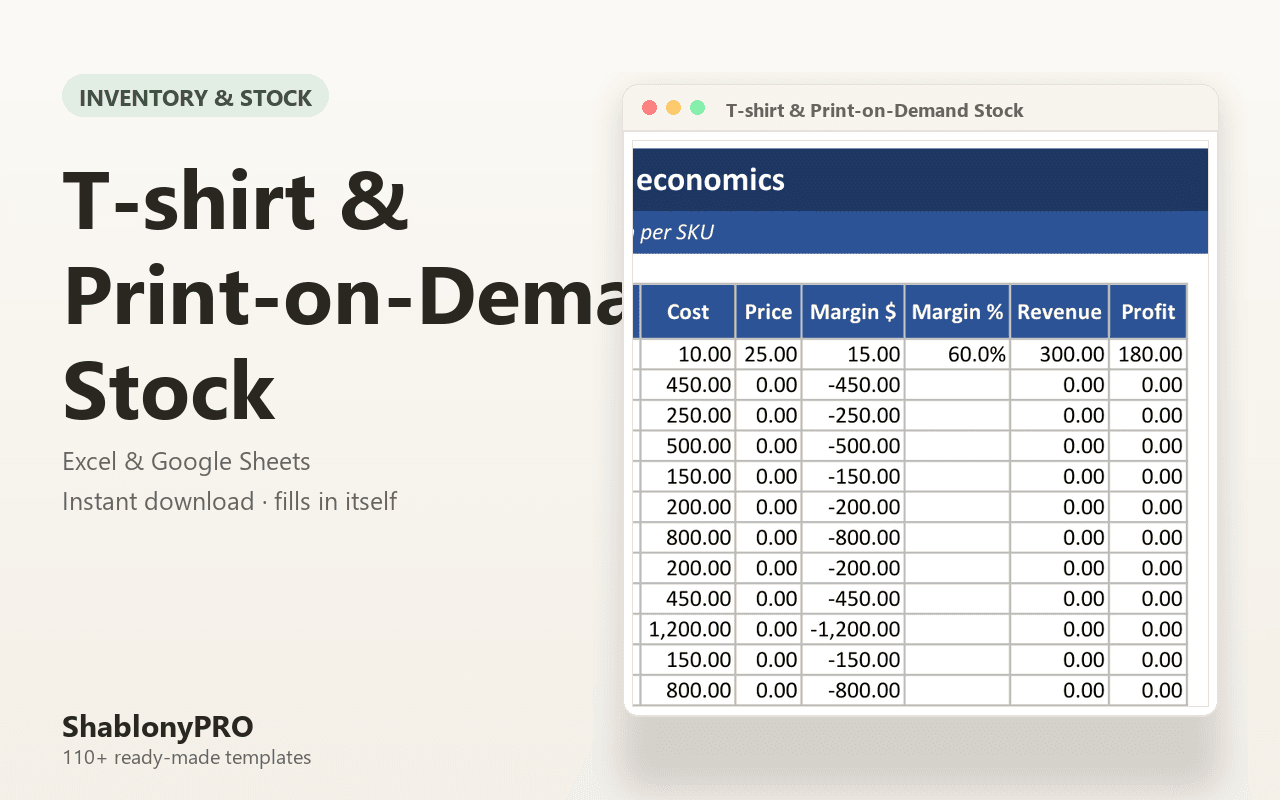 T-shirt & Print-on-Demand Stock | Print On Demand | Excel & Google Sheets Templa