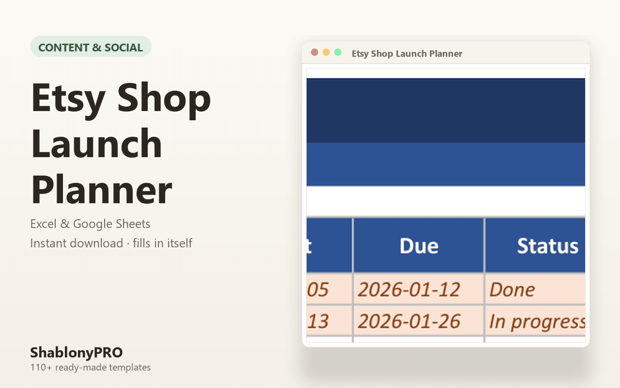 Etsy Shop Launch Planner | Etsy Launch | Excel & Google Sheets Template