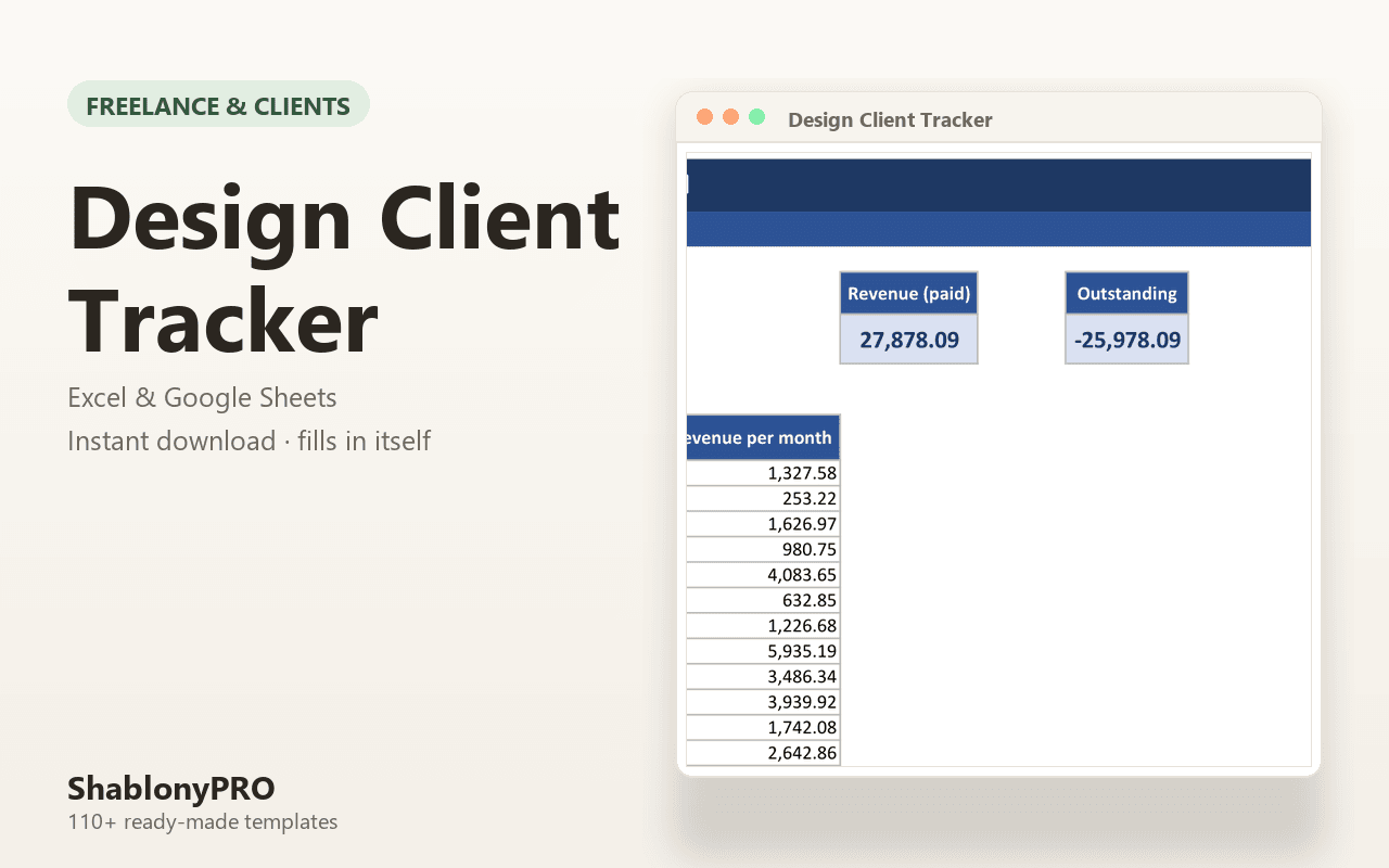 Design Client Tracker | Design Client | Excel & Google Sheets Template