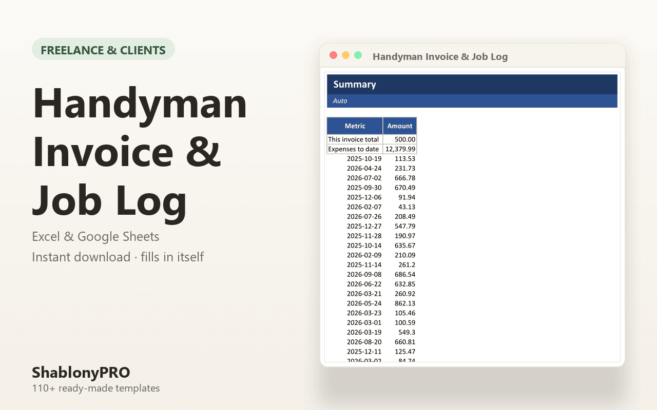 Handyman Invoice & Job Log | Handyman Invoice | Excel & Google Sheets Template