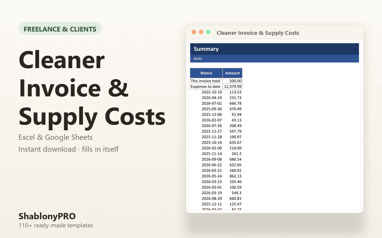 Cleaner Invoice & Supply Costs | Cleaning Invoice | Excel & Google Sheets Templa