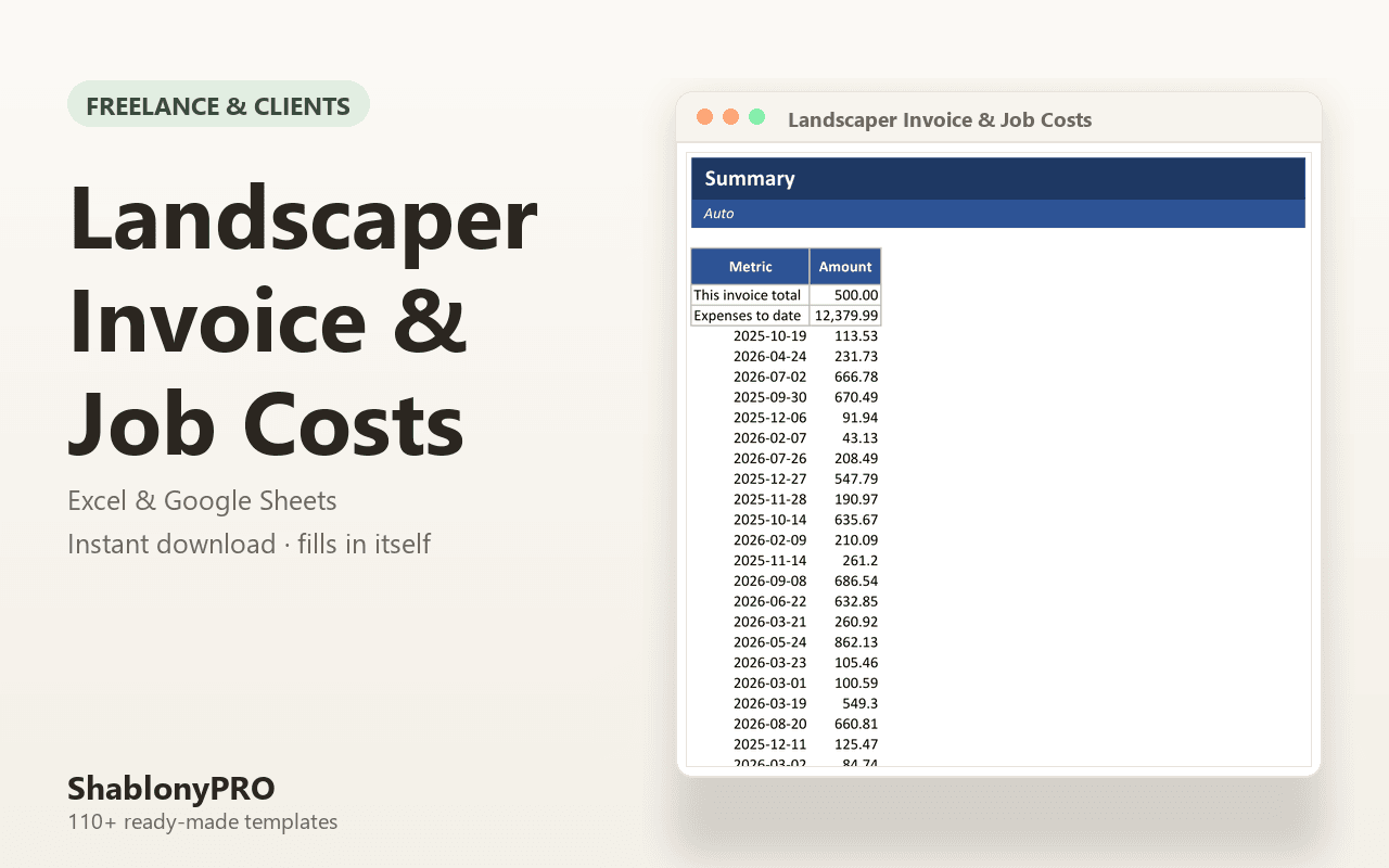 Landscaper Invoice & Job Costs | Landscaping Invoice | Excel & Google Sheets Tem