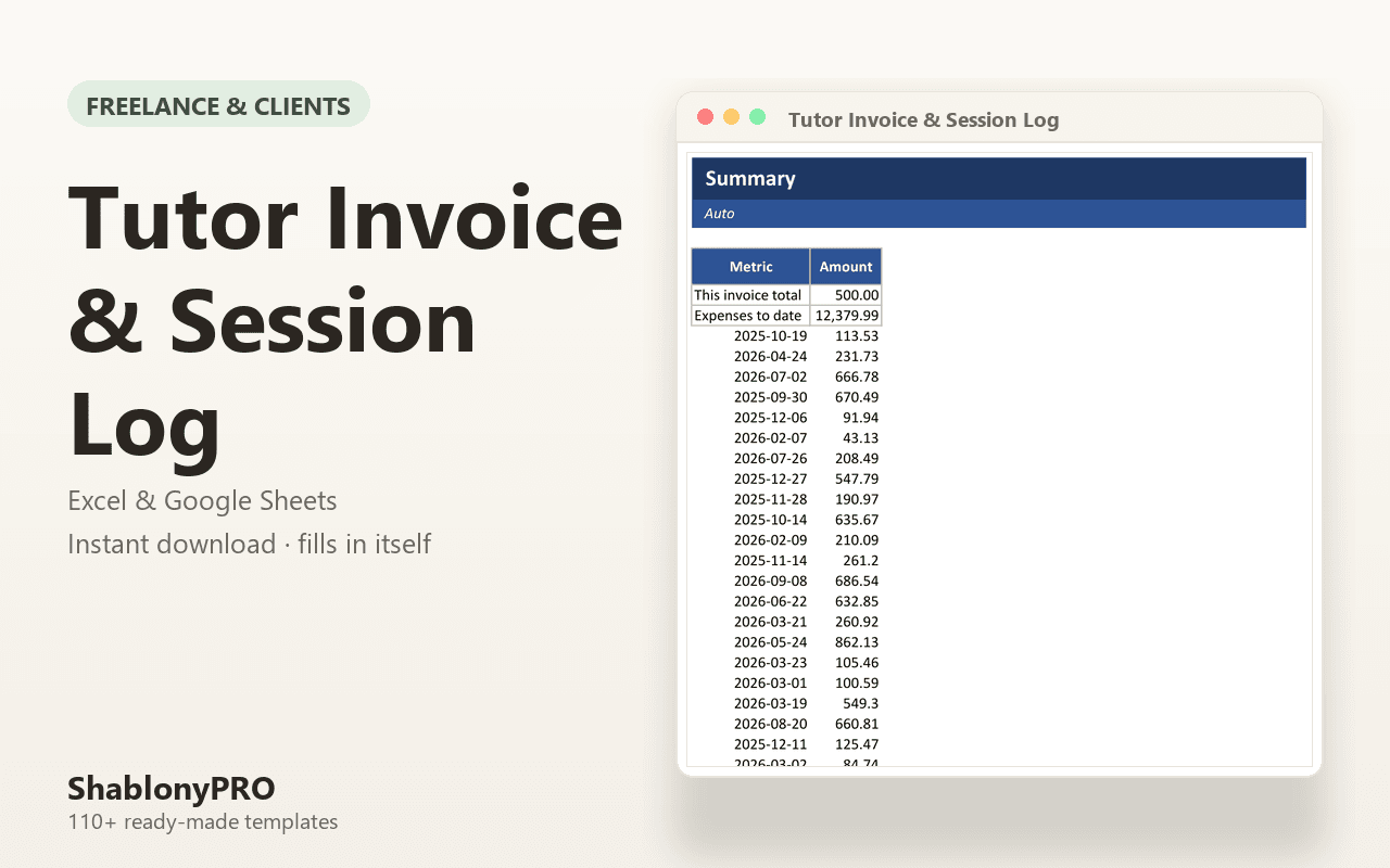 Tutor Invoice & Session Log | Tutor Invoice | Excel & Google Sheets Template