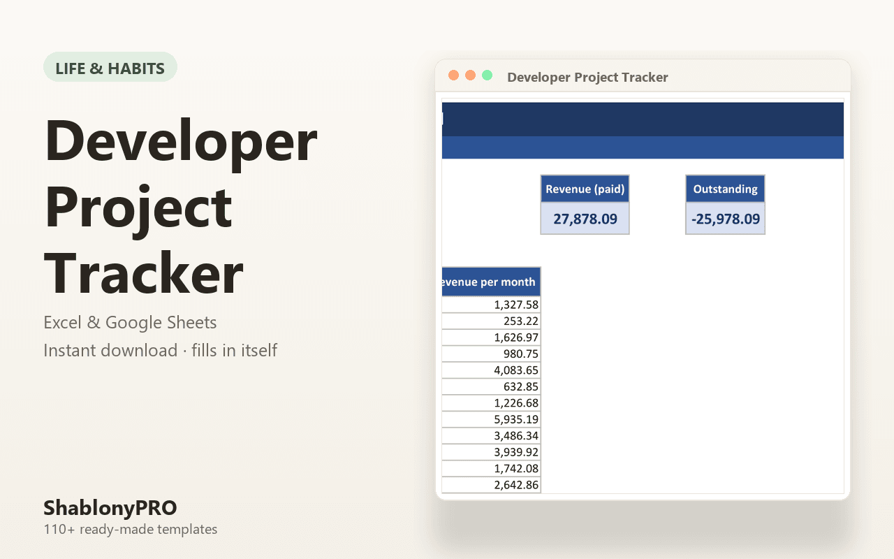 Developer Project Tracker | Developer Freelance | Excel & Google Sheets Template