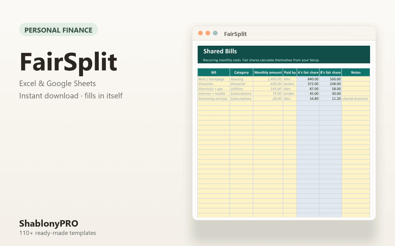 FairSplit — Couples Budget & Fair Bill Split by Income | Excel & Google Sheets T