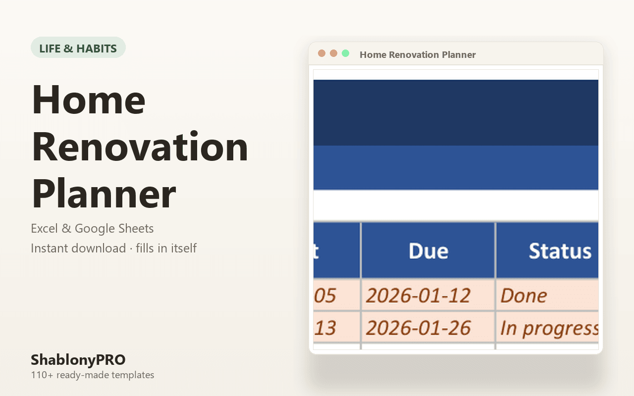 Home Renovation Planner | Home Renovation | Excel & Google Sheets Template