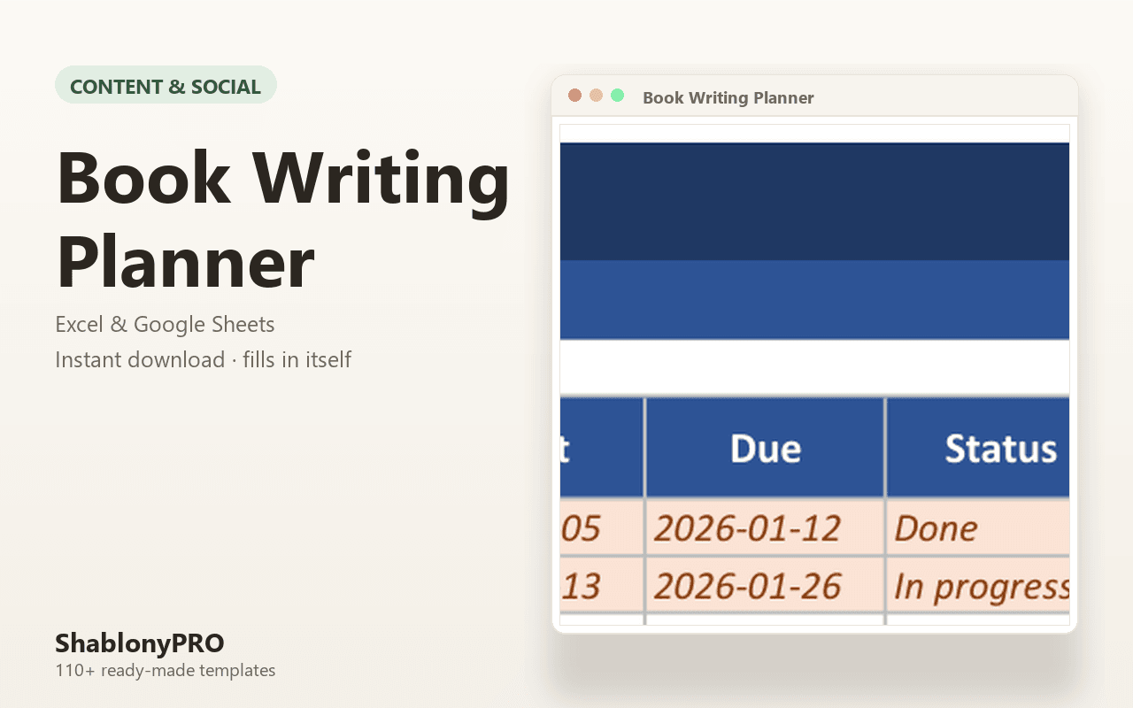Book Writing Planner | Book Writing | Excel & Google Sheets Template