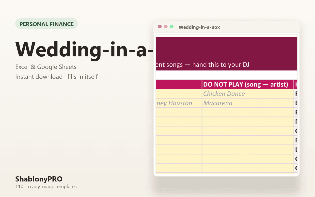 Wedding-in-a-Box — Complete Wedding Planner Spreadsheet (15 Tabs: Budget, Guests
