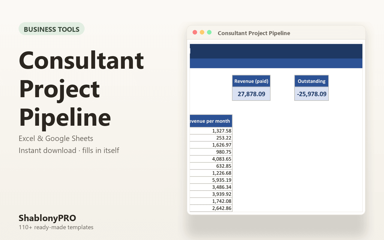 Consultant Project Pipeline | Consultant Crm | Excel & Google Sheets Template